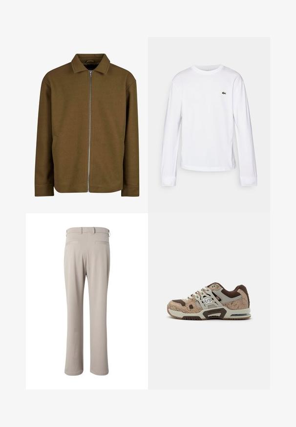 Chaqueta marrón con cremallera y cuello mandarín, fabricada en material suave. Presenta bolsillos laterales y un diseño limpio y minimalista.; Camiseta blanca de manga larga hecha de algodón. Presenta un cuello redondo acanalado y un pequeño logo verde bordado en el pecho. Diseño sencillo.; Pantalones beige de corte recto mostrados por detrás, con trabillas para cinturón y dos bolsillos de vivo en la cintura.; Zapatilla deportiva beige y marrón con patrón texturizado, cordones blancos, suela gruesa y logotipo de DC en el lateral y la entresuela.