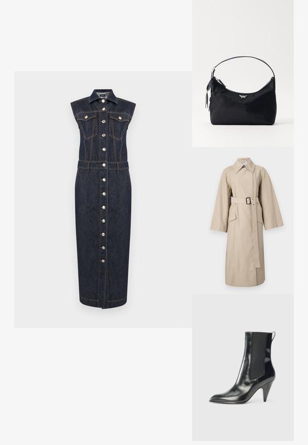 Manteau beige avec un grand col, des manches larges, une taille ceinturée et des poches latérales. Fabriqué en tissu texturé, avec un design épuré et minimaliste.; Robe midi en denim foncé sans manches avec fermeture à boutons sur le devant, deux poches à rabat sur la poitrine, un col et des surpiqûres contrastantes orange.; Botte chelsea noire en cuir brillant avec bout pointu, panneaux latéraux élastiques, languette à l'arrière et talon conique de hauteur moyenne.; Sac à main en nylon noir avec une silhouette incurvée, une bandoulière réglable slim et un accent métallique arborant un emblème ailé à l'avant.