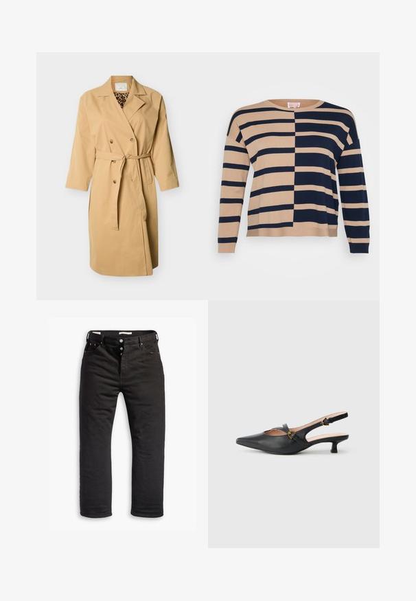 Beiger zweireihiger Trenchcoat mit Taillengürtel, Notch-Revers und mit Leopardenmuster gefüttertem Kragen, der am Ausschnitt sichtbar ist.; Beige- und marineblau gestreifter Pullover mit horizontalen Streifen, gerippten Bündchen und einer lockeren Passform mit rundem Halsausschnitt.; Schwarze Denim-Jeans mit geradem Bein, ausgestattet mit einem Knopfverschluss, fünf Taschen und dezentem Stickdetail. Angenehme Textur.; Schwarzer Slingback-Pumps aus Leder mit spitzer Zehenpartie, niedrigem Absatz, Cut-out-Design und goldfarbenem Schnallendetail am Riemen.