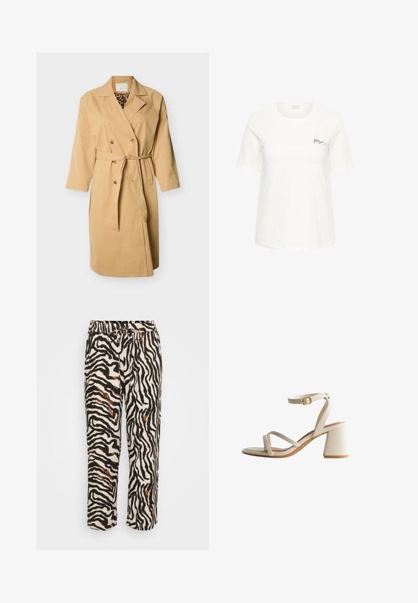Beige dobbeltradet trenchcoat med taljebælte, hakkede revers og leopardprint-foret, der ses ved halsudskæringen.; Hvid kortærmet bomulds-T-shirt med rund hals og lille sort "Mom" tekst på venstre brystområde.; Bindebåndsbukser i lette stoffer med et sort-hvidt zebra mønster og brune accenter. Løs pasform og cropped længde.; Beige hæl sandal med to krydsede remme og ankelspænde. Firkantet blokhæl og glat tekstur med en semi-mat finish.