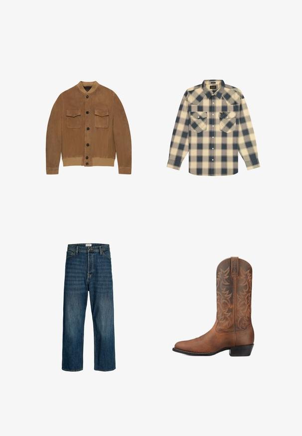 Bruine suède jas met knoopsluiting aan de voorkant, twee klepzakken op de borst, geribde kraag, manchetten en zoom.; Langarmovershirt met knopen en ruitpatroon in beige, zwart en grijs, voorzien van twee klepzakken aan de voorkant en een kraag.; Denimjeans in een donkerblauwe wassing met een rechte pijpuitvoering. Kenmerken zijn onder andere een knoopsluiting, riemlussen en stikselaccenten.; Bruine leren cowboylaars met gestikte decoratieve patronen en een lage gestapelde hak, vanuit de zijkant getoond tegen een witte achtergrond.