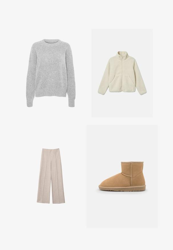 Veste en polaire couleur crème avec fermeture éclair complète à l'avant, col montant, manches longues et deux poches avant, posée à plat sur un fond blanc.; Pull en maille gris avec des manches longues, un col rond, des bords-côtes aux poignets et à l'ourlet, présentant une texture douce et une coupe décontractée.; Pantalons larges beiges en tissu doux, avec des plis avant marqués et une taille haute cintrée, sans poches visibles.; Bottine en suede beige avec un bout arrondi et un col rembourré, présentant des coutures contrastantes et une semelle en caoutchouc texturée.