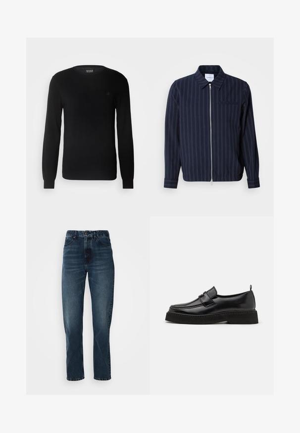 Veste marine en mélange de coton avec des rayures verticales blanches, un col, une fermeture éclair intégrale et une poche poitrine. Manches longues avec poignets.; Pull en maille noir avec un col rond, des manches longues et un petit logo brodé sur la poitrine. Texture douce et coupe ajustée.; Jeans droits bleu foncé avec fermeture à bouton et zip à l'avant, design à cinq poches, et subtile décoloration sur les cuisses et les genoux.; Chaussures en cuir noir de style mocassin avec une semelle plate et texturée, présentant un bout piqué et une sangle traversant le cou-de-pied.