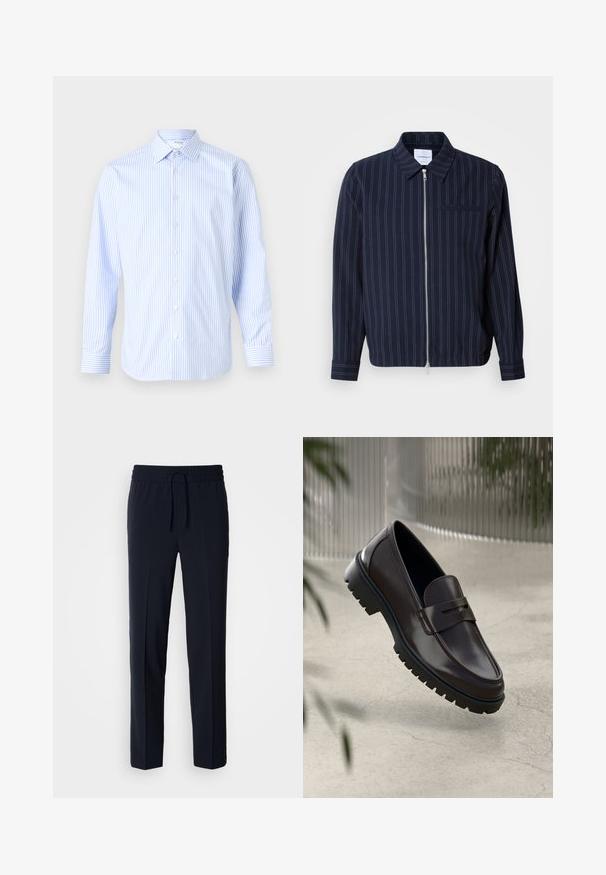 Marineblauer Jacke aus Baumwollmischung mit weißen vertikalen Streifen, Kragen, vollständigem Reißverschluss und einer Brusttasche. Lange Ärmel mit Manschetten.; Himmelblau und weiß gestreiftes langärmliges Hemd mit klassischem Kragen, Knopfverschluss vorne und Manschetten, aus einem glatten Stoff gefertigt.; Marineblaue, leichte Hose mit einem elastischen Bund und verstellbarem Kordelzug, ausgestattet mit einem geraden Schnitt und glatter Textur.; Braune Leder-Loafers mit einer strukturierten, geriffelten Gummisohle. Sie zeichnen sich durch ein schlankes Design und einen dekorativen Riemen über dem Spann aus.