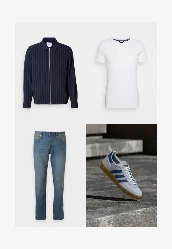 Marineblauer Jacke aus Baumwollmischung mit weißen vertikalen Streifen, Kragen, vollständigem Reißverschluss und einer Brusttasche. Lange Ärmel mit Manschetten.; Lindbergh T-Shirt basic - white; Straight-leg blaue Jeans aus Denim mit Vordertaschen, Gürtelschlaufen und Knopfverschluss auf einfarbigem Hintergrund.; Hellblauer Adidas Spezial Sneaker mit dunkelblauen Streifen und Gummisohle, in der Luft über Betontreppen in neutralem Außenbereich gezeigt.