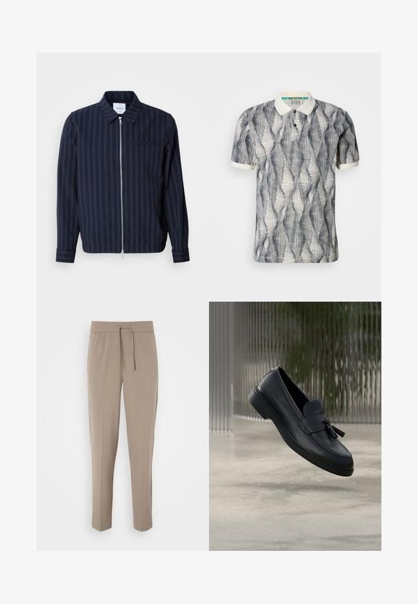 Marinejakke lavet af bomuldsblanding med hvide lodrette striber, krave, fuld lynlås og brystlomme. Lange ærmer med manchetter.; Scotch & Soda MICRO ALLOVER PRINT REGULAR FIT - Poloshirts - navy; Lys beige bukser med elastisk talje, justerbar snor og tapered ben. Stoffet ser glat ud med en let glans.; Sorte læderloafers med en glat tekstur, en rundet tå og dekorative kvaster foran. Fleksibel gummisål med lav hæl.