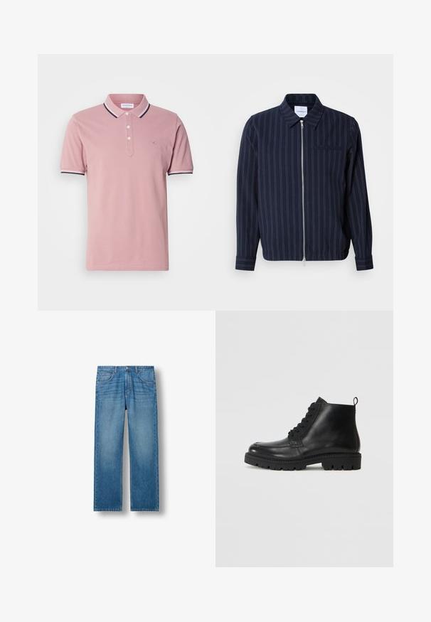 Chaqueta de navy hecha de una mezcla de algodón con rayas verticales blancas, cuello con solapa, cremallera completa y un bolsillo en el pecho. Mangas largas con puños.; Camisa polo rosa con una tapeta de dos botones, cuello acanalado con rayas en marino y blanco, y un sutil logo bordado en el pecho.; Vaqueros de mezclilla azul con corte recto. Sus características incluyen cinco bolsillos, pasadores para el cinturón y un acabado desgastado, que enfatiza los tonos de azul más claros.; Botas negras de cuero hasta el tobillo con punta redonda, cordones en la parte delantera y suela de goma texturizada. Incluye una pestaña en el talón para ponerlas y quitarlas fácilmente.