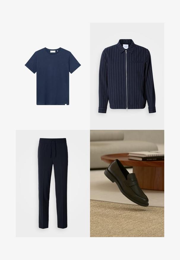 Chaqueta de navy hecha de una mezcla de algodón con rayas verticales blancas, cuello con solapa, cremallera completa y un bolsillo en el pecho. Mangas largas con puños.; Camiseta de algodón azul marino con cuello redondo, mangas cortas y un pequeño logotipo bordado en el lado izquierdo del pecho. Textura suave.; Pantalones ligeros azul marino con cintura elástica y cordón ajustable, que presentan un diseño de corte recto y una textura suave.; Zapato mocasín de cuero negro mostrado en el aire sobre una alfombra beige tejida, con una mesa de madera y libros apilados en una sala de estar con luz suave.