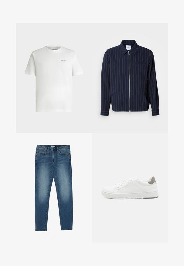 Chaqueta de navy hecha de una mezcla de algodón con rayas verticales blancas, cuello con solapa, cremallera completa y un bolsillo en el pecho. Mangas largas con puños.; Camiseta blanca de manga corta con cuello redondo y pequeño logotipo de texto negro «Marc O'Polo DENIM» en la parte superior izquierda del pecho.; Vaqueros de mezclilla en azul medio con un lavado descolorido, diseño de cinco bolsillos, corte recto y acentos cosidos. Cierre con botón y cremallera.; Zapatilla blanca con material de cuero liso, punta redonda, diseño minimalista, acento gris en el talón y suela de goma texturizada.