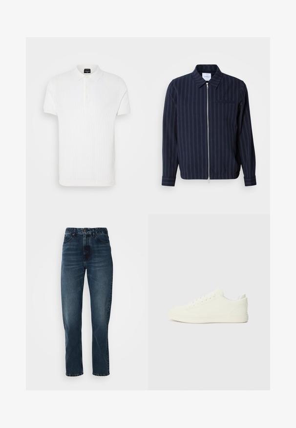 Veste marine en mélange de coton avec des rayures verticales blanches, un col, une fermeture éclair intégrale et une poche poitrine. Manches longues avec poignets.; Polo-shirt blanc à manches courtes avec un motif en maille texturée, col classique et patte de boutonnage à trois boutons. Fini en tissu lisse.; Jeans droits bleu foncé avec fermeture à bouton et zip à l'avant, design à cinq poches, et subtile décoloration sur les cuisses et les genoux.; Baskets blanches avec une tige à texture lisse, bout arrondi et laçage traditionnel, arborant un design minimaliste et une semelle en caoutchouc.