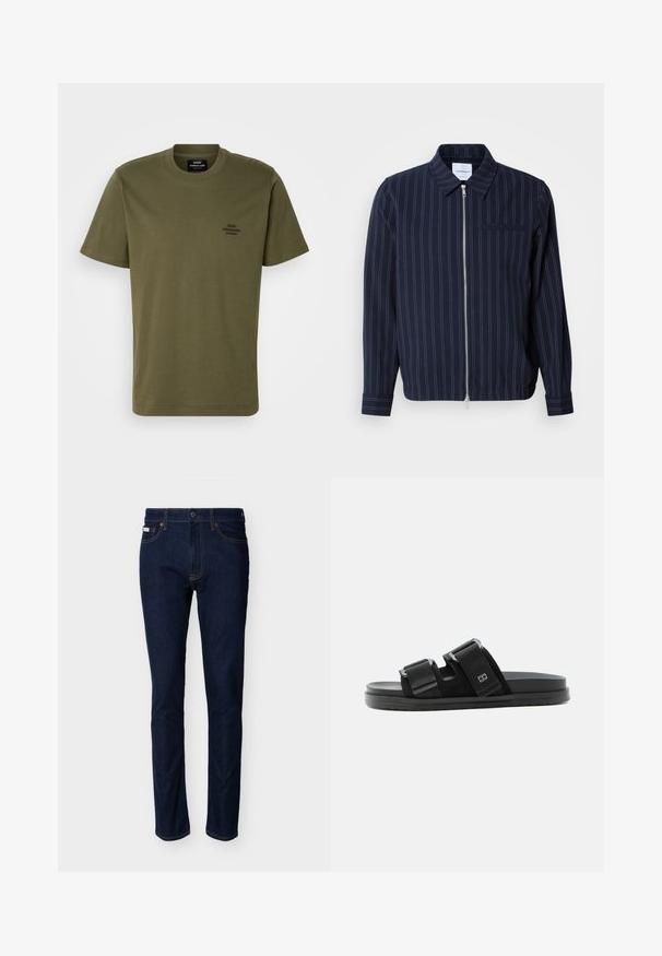 Chaqueta de navy hecha de una mezcla de algodón con rayas verticales blancas, cuello con solapa, cremallera completa y un bolsillo en el pecho. Mangas largas con puños.; Camiseta de manga corta verde oliva hecha de algodón, con un cuello redondo y un pequeño logotipo bordado en el lado izquierdo del pecho. Textura suave.; Vaqueros ajustados azul oscuro con cinco bolsillos, costuras visibles y cierre de botón en la cintura, exhibidos sobre un fondo liso.; Sandalia tipo chancla negra con dos correas ajustables y hebillas, suela plana y pequeño logotipo rectangular en la correa superior.