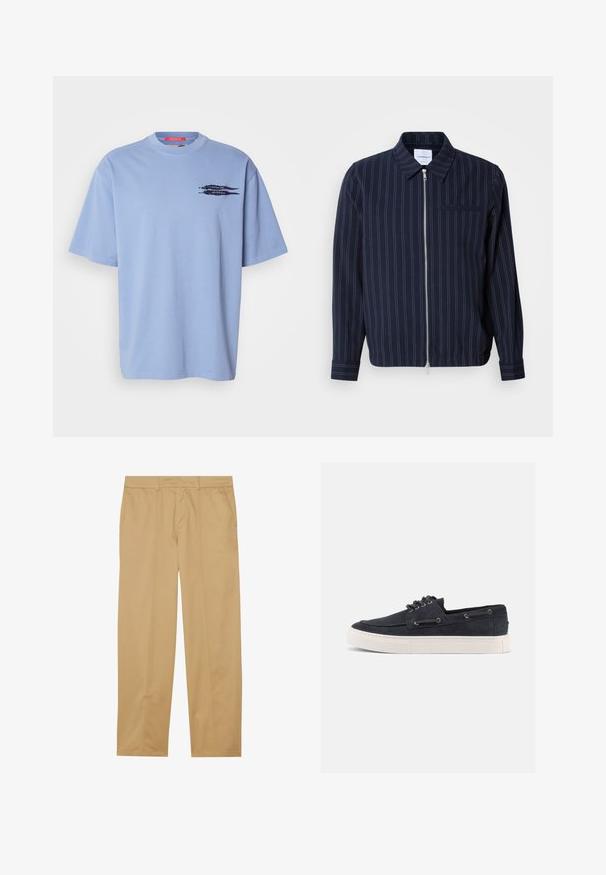 Marineblauwe jas van een katoenmix met witte verticale strepen, een kraag, een volledige rits en een borstzak. Lange mouwen met manchetten.; Lichtblauw T-shirt met korte mouwen van katoen. Heeft een ronde hals en een zwarte grafische print van pijlen op het linkerbovenborstgebied.; Khaki broeken van gladde stof, met een recht gesneden ontwerp, twee voorzakken en schone, minimalistische stikdetails.; Casual sneaker van marineblauw suède met witte rubberen zool, zwarte veters en metalen veteroogjes, gezien vanaf de rechterkant tegen een effen achtergrond.