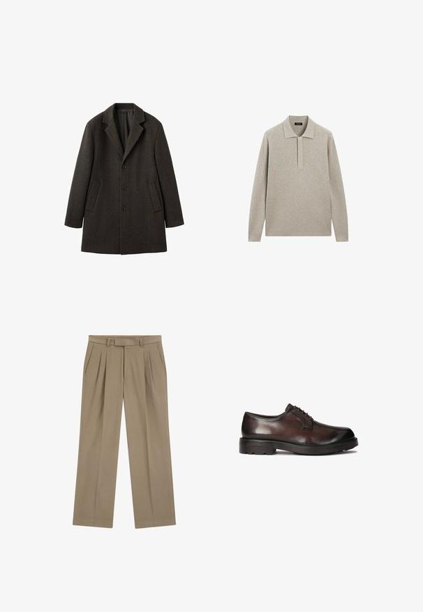 Brun uldblanding frakke med en hakket krave, tre sorte knapper og to sidelommer. Har en glat indvendig foring.; Lysegrå langærmet poloshirt med krave og skjult knapstolpe, vist på hvid baggrund.; Beige plisserede bukser med bæltestropper og sidelommer, lige ben, lavet af glat stof.; Brune lædersko til mænd med en glat finish, rund tå og snørebånd. Har en robust sort gummisål med godt greb.
