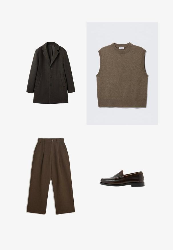 Brauner Wollmischmantel mit einem Reverskragen, drei schwarzen Knöpfen und zwei Seitentaschen. Verfügt über ein glattes Innenfutter.; Brauner, ärmelloser Strickpullover mit rundem Ausschnitt, gerippten Kanten und weicher Textur; Etikett trägt die Aufschrift "WEEKDAY."; Braune Plisseehosen mit weitem Bein, ausgestattet mit einem Knopfverschluss und seitlichen Taschen, aus strukturiertem Stoff, der sich gut für Freizeitkleidung eignet.; Dunkelbrauner Leder-Pennyloafer mit gestepptem Mokassinnaht, niedrigem Absatz und glatter Oberfläche, seitlich auf weißem Hintergrund gezeigt.