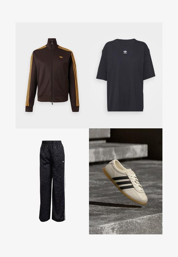 Musta vetoketjullinen verkkatakki oransseilla kolmella raidalla hihoissa ja oranssilla Adidas-logolla rinnassa, korkealla kauluksella ja vetoketjullisilla sivutaskuilla.; Musta puuvillapaita lyhyillä hihoilla, pyöreä pääntie, jossa on valkoinen Adidas-logo rinnassa. Yksinkertainen muotoilu, rento istuvuus.; Musta urheiluhousut, joissa on leopardikuvio, joustava vyötärö ja valkoiset sivuraidat. Valmistettu sileästä ja kevyestä kankaasta.; Valkoinen lenkkari mustilla raidoilla ja kumipohja leijuu betoniporrasten yllä pehmeässä päivänvalossa.