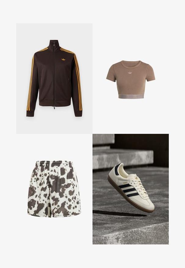 Black zip-up track jacket with orange three stripes on sleeves and orange Adidas logo on chest, high collar, and zippered side pockets.; Brown ribbed crop top with short sleeves, round neckline, and a textured band at the bottom featuring a subtle logo pattern.; White elastic-waist shorts with loose fit featuring irregular dark brown cow print pattern.; White Adidas Samba sneaker with black stripes and gum sole, floating above textured gray concrete steps.
