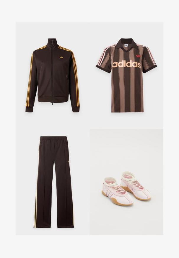 Chaqueta de chándal negra con cremallera, con tres rayas naranjas en las mangas y logo de Adidas naranja en el pecho, cuello alto y bolsillos laterales con cremallera.; Polo Adidas marrón con rayas, cuello en V, cuello burdeos y logo rojo. Presenta rayas blancas y rojas en los hombros, mangas cortas.; Pantalones de chándal negros con rayas amarillas laterales, cintura elástica, bolsillos laterales con cremallera y un pequeño logo en el muslo superior.; Zapatillas de lona rosa con una textura suave, que presentan un diseño de cordones y una suela de goma. Detalles decorativos y tres franjas en el lateral.