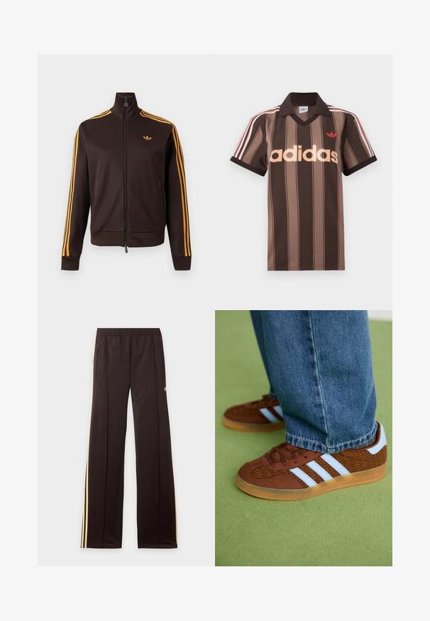 Schwarze Trainingsjacke mit Reißverschluss, orangefarbenen drei Streifen an den Ärmeln und orangefarbenem Adidas-Logo auf der Brust, hohem Kragen und Reißverschlusstaschen an den Seiten.; Braunes gestreiftes Adidas-Poloshirt mit V-Ausschnitt, bordeauxrotem Kragen und rotem Logo. Mit weißen und roten Schulterstreifen, kurzen Ärmeln.; Schwarze Jogginghose mit gelben Seitenstreifen, elastischem Bund, seitlichen Reißverschlusstaschen und kleinem Logo am oberen Oberschenkel.; Braune Adidas-Sneaker mit weißen Streifen und Gummisohlen, getragen mit blauen Jeans auf grünem Teppich.