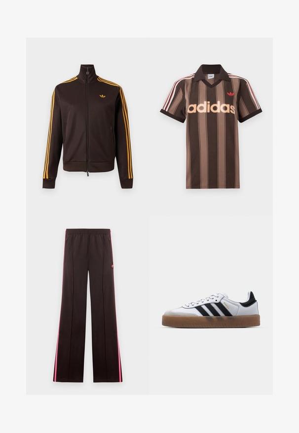 Zwarte trackjack met ritssluiting, oranje drie strepen op de mouwen en oranje Adidas-logo op de borst, hoge kraag en ritssluiting aan de zijkanten.; Bruine gestreepte Adidas polo met V-hals, bordeauxrode kraag en rood logo. Heeft witte en rode schouderstrepen, korte mouwen.; Zwarte sportbroek met roze zijstrepen, elastische tailleband, ritssluitingenaan zakken en Adidas-logo op linker bovenbeen.; Witte leren sneakers met zwarte strepen, gumrubberen buitenzool, ronde neus, vetersluiting en een zachte grijze suède neuskap.