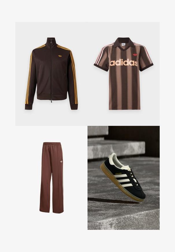 Zwarte trackjack met ritssluiting, oranje drie strepen op de mouwen en oranje Adidas-logo op de borst, hoge kraag en ritssluiting aan de zijkanten.; Bruine gestreepte Adidas polo met V-hals, bordeauxrode kraag en rood logo. Heeft witte en rode schouderstrepen, korte mouwen.; Bruine sportbroek met een relaxte pasvorm. Gemaakt van gladde stof, met zijzakken, witte strepen en een klein wit logo op de dij.; Zwarte Adidas München sneaker met witte strepen en eenbruine zool zwevend boven getextureerde betonnen trappen.