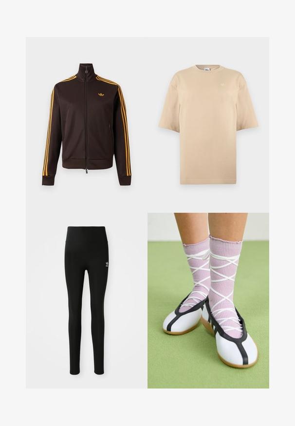 Zwarte trackjack met ritssluiting, oranje drie strepen op de mouwen en oranje Adidas-logo op de borst, hoge kraag en ritssluiting aan de zijkanten.; Beige oversized T-shirt met korte mouwen, ronde hals en klein wit Adidas trefoil-logo op de linker bovenborst.; Zwarte legging van rekbaar materiaal met een hoge taille, voorzien van een klein wit Adidas-logo op het linkerbeen. Gladde textuur.; Benen met geribbelde lavendelkleurige sokken met witte kruisbanden, gecombineerd met witte ballerina's met zwarte bies op een groene vloer.