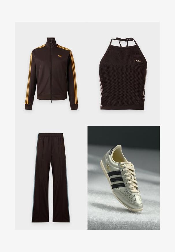 Schwarze Trainingsjacke mit Reißverschluss, orangefarbenen drei Streifen an den Ärmeln und orangefarbenem Adidas-Logo auf der Brust, hohem Kragen und Reißverschlusstaschen an den Seiten.; Schwarzes Netz-Halfter-Cropped-Top mit strukturiertem Design. Mit pinkfarbenen Akzentstreifen und kleinem Logo vorne. Mit Rückenknotenverschluss.; Schwarze, weit geschnittene Trainingshose mit hellblauen Seitenstreifen, elastischem Bund, Reißverschlusstaschen und Adidas-Logo an der linken Hüfte.; Hellgraue Leder-Sneaker mit schwarzen Streifen, durchbrochenen Details, beigen Schnürsenkeln und einem goldenen Logo-Patch. Strukturierte Gummisohle.