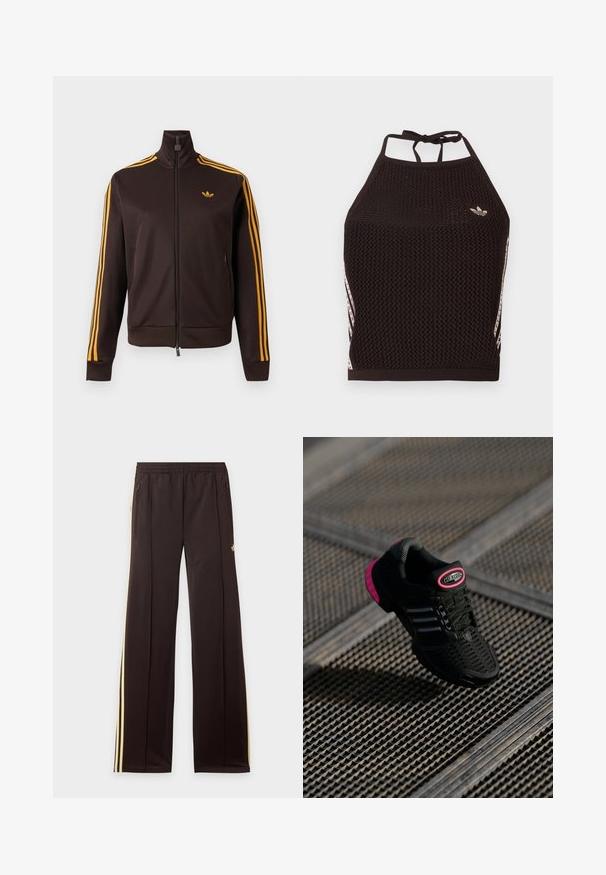 Sort lynlåstræningstrøje med orange tre striber på ærmerne og orange Adidas-logo på brystet, høj krave og lynlåslommer i siden.; Sort mesh halter crop top med tekstureret design. Har pink accentstriber og en lille logo foran. Lukning med bånd bagpå.; Sorte træningsbukser med gule sidelister, elastisk taljebånd, lynlåslommer i siderne og en lille logo på den øvre lår.; Sort sportssko med mesh-overdel, lyserøde accenter og sorte stribede detaljer. Har en tekstureret ydersål og et logo på hælen.