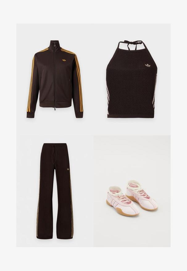 Chaqueta de chándal negra con cremallera, con tres rayas naranjas en las mangas y logo de Adidas naranja en el pecho, cuello alto y bolsillos laterales con cremallera.; Top corto de malla negra tipo halter con un diseño texturizado. Cuenta con franjas de acento rosa y un pequeño logotipo en el frente. Cierre con lazada en la espalda.; Pantalones anchos de punto negro con franjas laterales beige, cintura elástica, cordón y pequeño logo en el muslo izquierdo.; Zapatillas de lona rosa con una textura suave, que presentan un diseño de cordones y una suela de goma. Detalles decorativos y tres franjas en el lateral.
