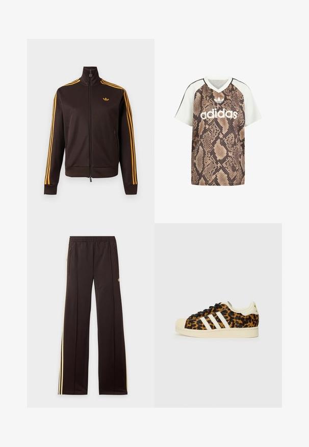 Schwarze Trainingsjacke mit Reißverschluss, orangefarbenen drei Streifen an den Ärmeln und orangefarbenem Adidas-Logo auf der Brust, hohem Kragen und Reißverschlusstaschen an den Seiten.; Adidas Kurzarm-V-Ausschnitt-Shirt mit weißen Ärmeln und braunem Schlangenprint am Körper, versehen mit weißem Adidas-Logo und Trefoil-Emblem auf der Vorderseite.; Schwarze Jogginghose mit gelben Seitenstreifen, elastischem Bund, seitlichen Reißverschlusstaschen und kleinem Logo am oberen Oberschenkel.; Leopardenmuster-Sneaker mit schwarzen Schnürsenkeln, weißem Drei-Streifen-Design, cremefarbenem Gummispitze und -sohle sowie strukturiertem Obermaterial.