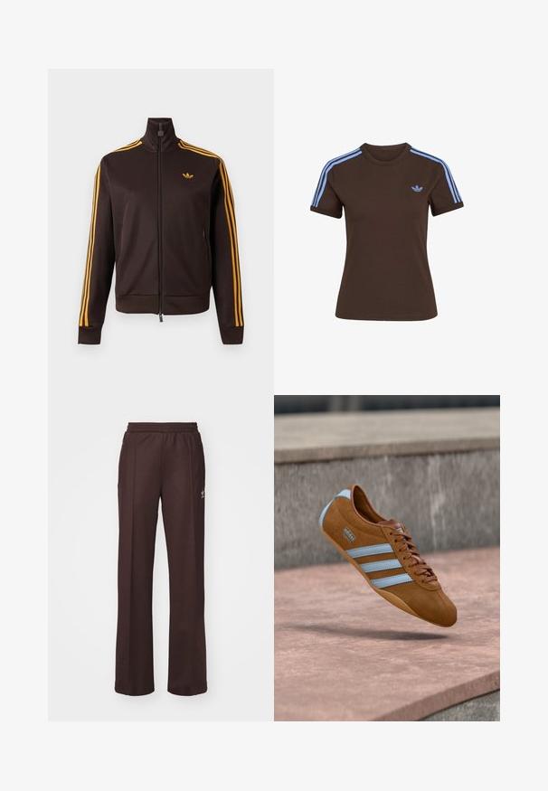 Veste de survêtement noire zippée avec trois bandes orange sur les manches et logo Adidas orange sur la poitrine, col montant et poches latérales zippées.; T-shirt marron à manches courtes avec trois bandes bleu clair sur les épaules et petit logo Adidas bleu clair sur la poitrine gauche.; Pantalons de sport marron avec une taille élastique, deux poches latérales et un petit logo sur le côté gauche, fabriqués à partir d'un tissu doux.; Baskets en daim marron avec des rayures bleu clair, design à lacets et semelle en caoutchouc. Présentent un logo sur le côté avec une forme de bout arrondi.