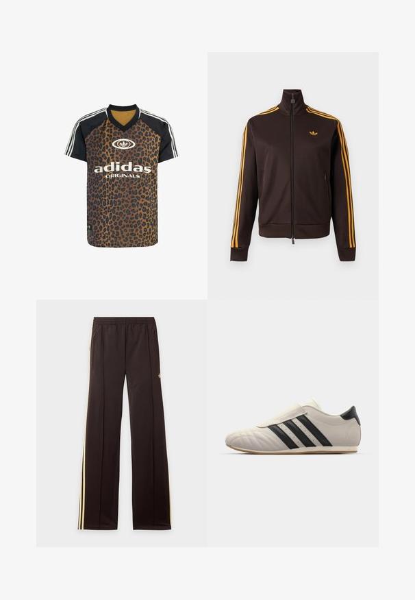 Veste de survêtement noire zippée avec trois bandes orange sur les manches et logo Adidas orange sur la poitrine, col montant et poches latérales zippées.; adidas Originals LEO PRINT SATIN - T-shirt imprimé - multicolor bronze strata; Pantalon de survêtement noir avec des bandes latérales jaunes, taille élastique, poches latérales zippées et un petit logo sur la partie supérieure de la cuisse.; Baskets gris clair avec des rayures noires, bout arrondi, tige en cuir lisse, fermeture à bande Velcro et semelle en caoutchouc.