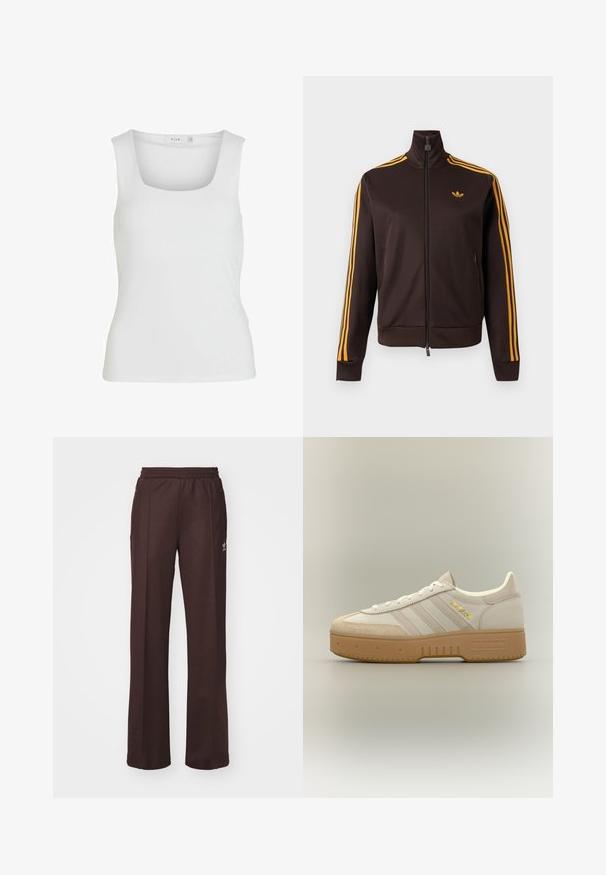 Veste de survêtement noire zippée avec trois bandes orange sur les manches et logo Adidas orange sur la poitrine, col montant et poches latérales zippées.; Débardeur blanc sans manches avec un décolleté carré, texture lisse et design ajusté. Fabriqué en tissu léger.; Pantalons de sport marron avec une taille élastique, deux poches latérales et un petit logo sur le côté gauche, fabriqués à partir d'un tissu doux.; Baskets Adidas crème et beige avec semelle en gomme, trois bandes sur le côté et "SPECIAL" écrit en or près des lacets.