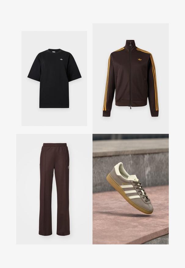 Black zip-up track jacket with orange three stripes on sleeves and orange Adidas logo on chest, high collar, and zippered side pockets.; Black short-sleeve crewneck t-shirt with small white Adidas Trefoil logo on left chest, displayed on a plain light background.; Brown athletic pants with an elastic waistband, two side pockets, and a small logo on the left side, made from a soft fabric.; Light brown suede Adidas sneaker with white stripes and gum sole, suspended above pink stone steps outdoors.