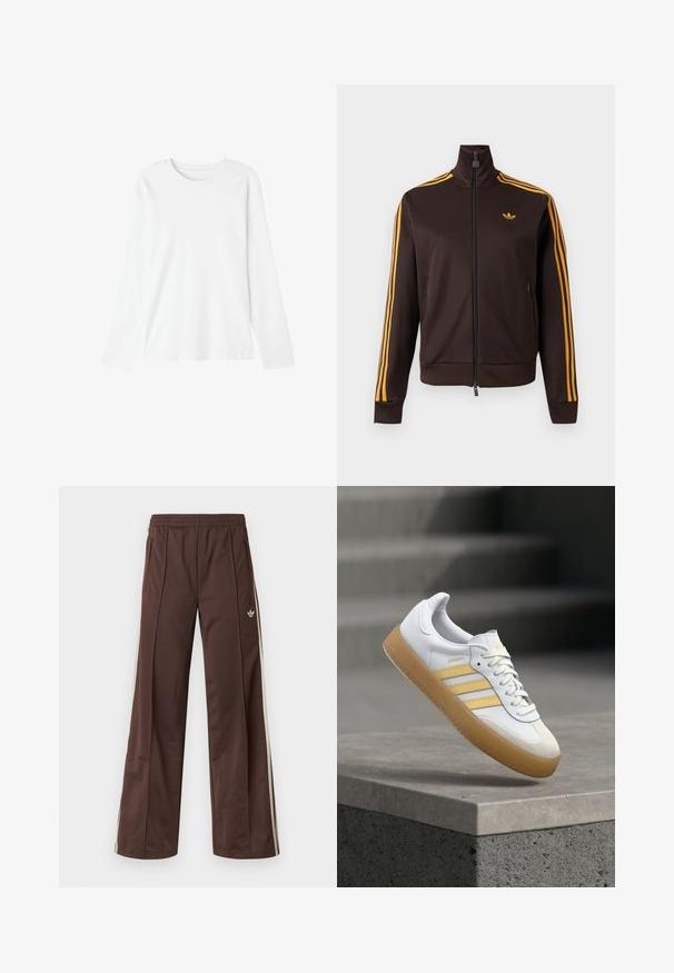 Chaqueta de chándal negra con cremallera, con tres rayas naranjas en las mangas y logo de Adidas naranja en el pecho, cuello alto y bolsillos laterales con cremallera.; Camiseta de manga larga en algodón blanco. Diseño de cuello redondo, textura suave y sin patrones ni gráficos visibles. Ajuste casual con corte recto.; Pantalones deportivos marrones con diseño de pierna ancha, franjas laterales blancas, cintura elástica y dos bolsillos laterales. Presentan un pequeño logo en la pierna.; Zapatilla de cuero blanco con acentos amarillos, tres rayas y suela de goma color caramelo. Presenta una punta redondeada y una lengüeta texturizada.