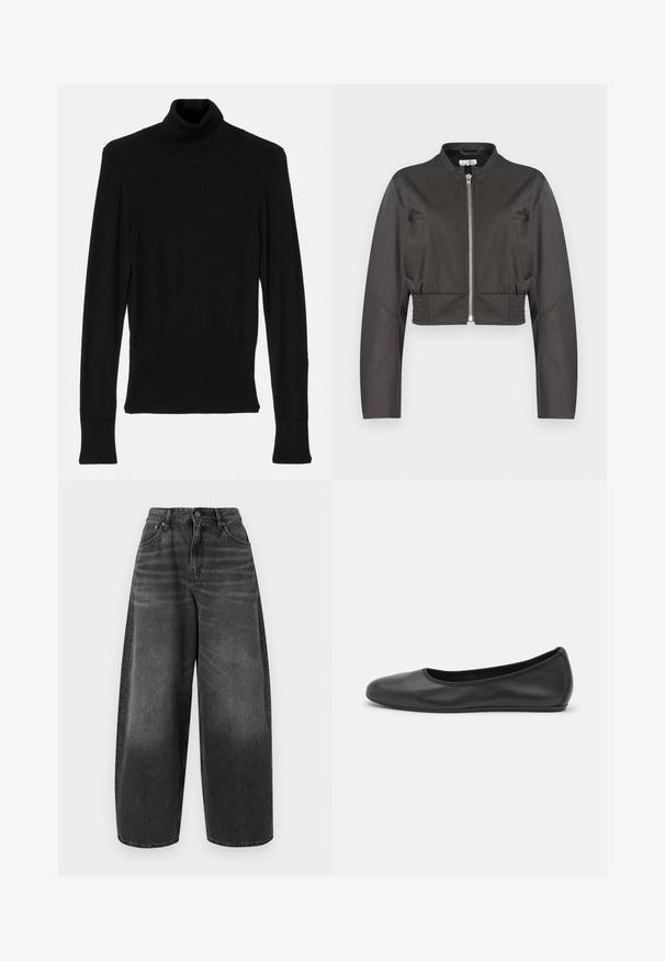 Sort cropped jakke med lange ærmer, frontlynlås, ståkrave, sidelommer og elastiske bånd ved taljen.; AERON TENDER LONG SLEEVED - Striktrøje - black; Sorte bukser med vidde i benene og høj talje, foran med knapper og lynlåslukning samt klassisk design med fem lommer, vist på ensfarvet baggrund.; Sort læderballetsko med rund tå, glat tekstur, minimal syning og et fleksibelt såldesign.