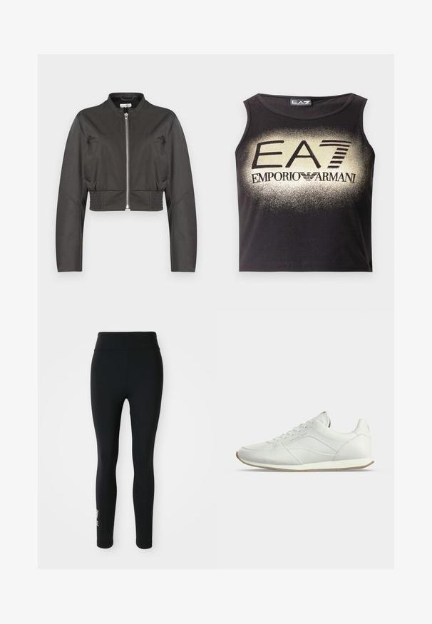 Chaqueta negra recortada con mangas largas, cremallera frontal, cuello mao, bolsillos laterales y paneles de cintura elástica.; Top corto sin mangas negro hecho de algodón suave con un logo degradado dorado "EA7 EMPORIO ARMANI" destacado en el centro.; Leggings negros hechos de tela elástica, con una cintura alta y un pequeño logotipo impreso en una pierna. Textura suave, diseño ajustado.; Zapatilla blanca de piel de corte bajo con cordones en la parte delantera, detalles sutiles de costuras y suela de goma beige sobre fondo claro y liso.