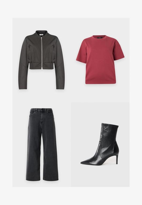 Sort cropped jakke med lange ærmer, frontlynlås, ståkrave, sidelommer og elastiske bånd ved taljen.; Kortærmet T-shirt med rund hals i støvet rosa med en afslappet pasform, vist på en ensfarvet hvid baggrund.; Sorte denim jeans med bred benvidde, frontknap og lynlås, bæltestropper og frontlommer på en ensfarvet hvid baggrund.; Sorte ankelstøvler lavet af glat læder, med spids tå, tætsiddende skaft og en slank høj hæl. Minimalistisk design uden synligt hardware.