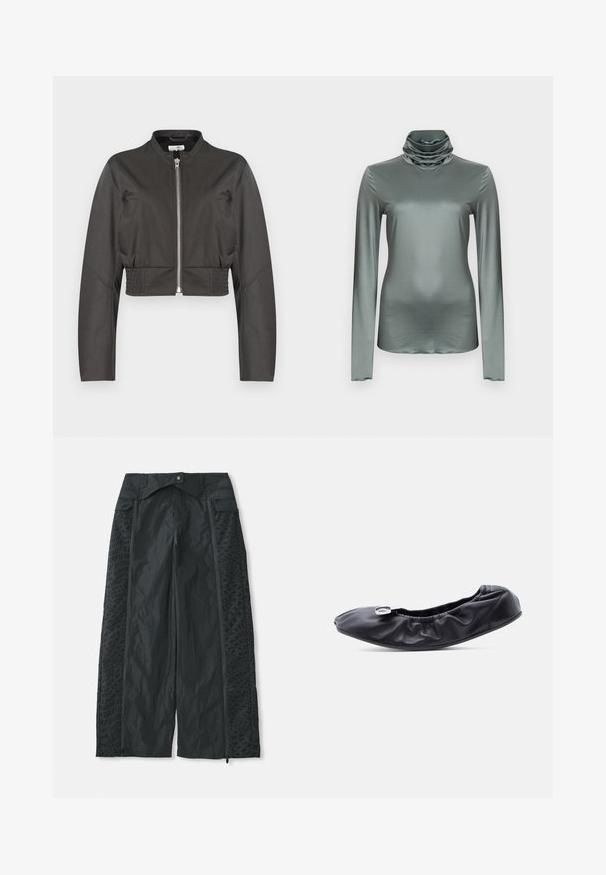 Sort cropped jakke med lange ærmer, frontlynlås, ståkrave, sidelommer og elastiske bånd ved taljen.; Langærmet rullekravebluse i en dæmpet grøn farve, med en blød, glat tekstur og en draperet krave.; Sort brede bukser lavet af letvægtsmateriale, der har teksturerede mønstre på siderne og lynlåsåbninger ved kanten.; Sort læder flad sko med rundet tå og rynket design langs åbningen. Har en diskret sølvfarvet hardware detalje foran.