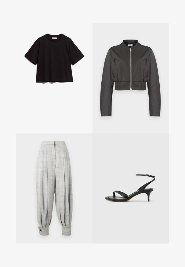 Sort cropped jakke med lange ærmer, frontlynlås, ståkrave, sidelommer og elastiske bånd ved taljen.; Sort bomulds t-shirt med rund halsudskæring og korte ærmer. Har en afslappet pasform og et enkelt, uprydet design.; Lysegrå, højtaljede, tilspidsede bukser med subtilt ternet mønster, plisseret front og knappede manchetter ved anklen.; Sort damesandal i læder med tynde remme, en tå-loop, ankelspænde og en mellemhøj stiletthæl på en neutral baggrund.