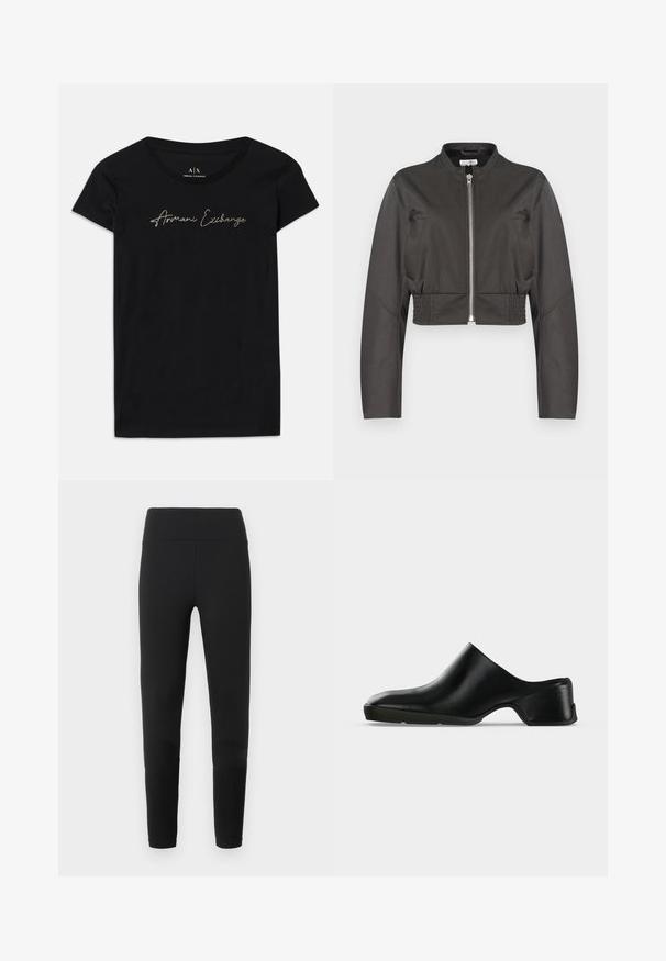 Zwarte cropped jas met lange mouwen, rits aan de voorkant, opstaande kraag, zijzakken en elastische taillepanelen.; Zwarte korte mouwen t-shirt van katoen, met een scriptlogo "Armani Exchange" in gouden versieringen over de borst.; Zwarte legging met een gladde textuur, een hoog tailleontwerp en een aansluitende pasvorm. De stof is rekbaar en veelzijdig voor verschillende activiteiten.; Zwarte leren mule met lage hak, afgeronde neus en slip-on ontwerp, zijaanzicht afgebeeld op een lichte achtergrond.