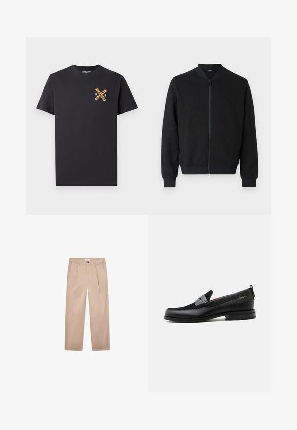 Zwarte bomberjack van een getextureerde stof, met ribbelmanchetten en -tailleband, volledige ritssluiting en een ronde kraag. Eenvoudig, modern ontwerp.; Zwart katoenen T-shirt met een grafisch ontwerp in oranje, waarop de woorden "ELEMENT" en "REMEMBER" in een kruispatroon op de borst zijn afgebeeld.; Khaki broek van katoen met een recht gesneden ontwerp, voorzien van twee zijzakken, een knoopsluiting en een klassieke pasvorm.; Zwarte leren loafer met grijs riemdetailelement, lage hak en gestructureerde zool, aan de zijkant gebrandmerkt met "HUGO" in goud.