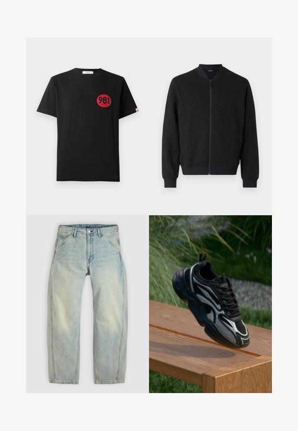 Sort bomberjakke med tekstureret stof, ribbede manchetter og linning, fuld lynlås og rund krave. Enkelt, moderne design.; Sort bomulds T-shirt med korte ærmer, der har et rødt cirkulært print, som inkluderer tallene "981" og ordet "REPLAY."; Lys blå jeans med vide ben lavet af denim. Har fem lommer, en knaplukning og falmede områder for et brugt udseende.; Sort og grå atletisk sneaker med mesh og reflekterende detaljer, balanceret på kanten af en træbænk udendørs.