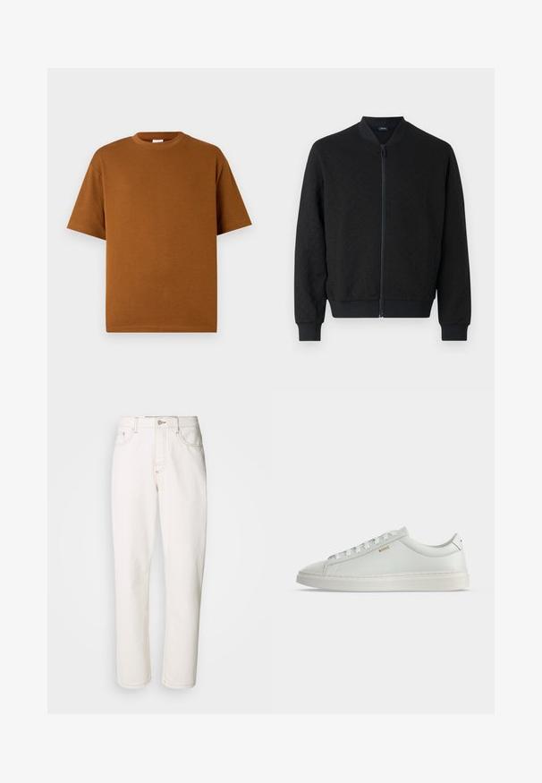Zwarte bomberjack van een getextureerde stof, met ribbelmanchetten en -tailleband, volledige ritssluiting en een ronde kraag. Eenvoudig, modern ontwerp.; Bruin t-shirt met korte mouwen, gemaakt van zachte stof, met een ronde halslijn en een ontspannen pasvorm met rechte onderrand. Geen zichtbare patronen of accenten.; Witte denim jeans met een rechte pasvorm, voorzien van gestikte naden, een metalen knoopsluiting en een standaard vijf-pocket constructie.; Witte lage leren sneaker met veters, platte zool en klein gouden "BOSS" logo aan de zijkant, gezien vanaf de buitenkant.