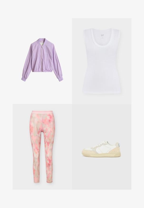 Veste bomber violet clair zippée avec col et poignets côtelés, surpiqûres blanches discrètes et deux poches avant.; Débardeur blanc côtelé sans manches avec encolure ronde, plié à plat sur fond blanc.; Pantalon slim avec motif aquarelle rose et beige, détails de couture à l'avant et taille élastique.; Baskets blanches et beiges avec dessus en suède et textile, présentant des coutures contrastées, une semelle en caoutchouc et un accent bleu clair sur le talon.