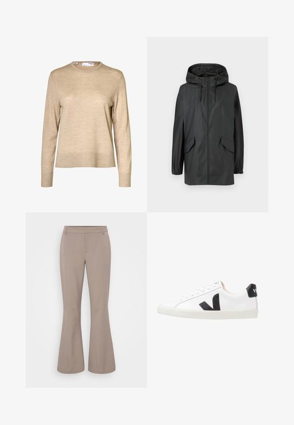 Veste à capuche noire résistante à l'eau avec fermeture éclair à l'avant, poignets élastiques et deux poches latérales. Fini lisse et mat avec cordons de serrage ajustables.; Pull en laine beige à manches longues avec col rond et poignets et ourlet côtelés, présenté sur fond blanc.; Gina Tricot Tall RELAXED TROUSERS - Pantalon classique - taupe; Baskets blanches avec un logo V noir, présentant un dessus en cuir lisse, un bout rond, un système de laçage et un empiècement au talon noir contrastant.