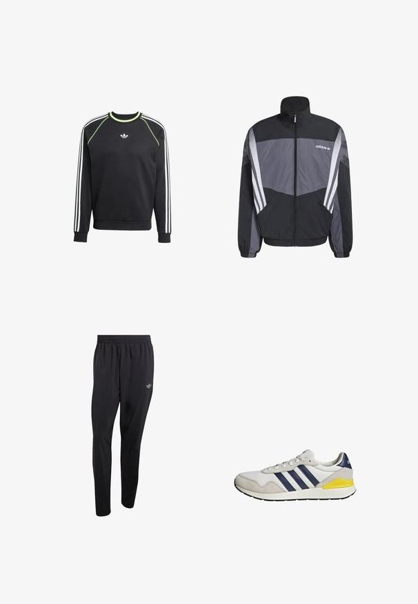 Sort og grå vindtæt jakke med høj krave, lynlås foran, sidelommer og hvide stribede detaljer på ærmerne. Har Adidas-logo på brystet.; Sort sweatshirt med hvidt tre-stribesdesign på ærmerne og limegrønne detaljer. Har rund halsudskæring og et lille logo på brystet.; Sorte atletikbukser lavet af letvægtsmateriale med elastisk taljebånd og et lille præget logo på det øverste venstre benområde.; Hvid og grå Adidas-sneaker med navyblå striber og en gul detalje på hælen, vist fra siden på en hvid baggrund.