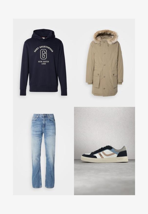 Beige Parka-Jacke mit Kapuze aus Kunstfell, Frontreißverschluss und Knopfverschluss, zwei großen Fronttaschen und elastischen Bündchen. Weicher, strukturierter Stoff.; Dunkelblaues Hoodie aus Baumwolle, mit einer Vorderfronttasche, gerippten Bündchen und einem Grafikdruck mit "GANT SPORTSWEAR" und "NEW HAVEN 1949."; Hellblaue Jeans aus Denim mit geradem Bein, verblasstem Finish, fünf Taschen und Knopfverschluss. Klassisches Design und mittlere Dicke.; Weißer, marineblauer, blauer und beige BOSS-Sneaker mit schwarzen Schnürsenkeln, schwebend über einem polierten Betonboden nahe einer Glasbausteinwand.