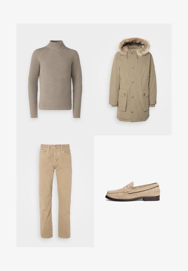 Parka beige avec capuche bordée de fausse fourrure, fermeture éclair à l'avant et bouton, deux grandes poches avant et poignets élastiques. Tissu doux et texturé.; Pull à col roulant côtelé beige avec des manches longues, présentant une silhouette ajustée et un motif en tricot texturé. Fabriqué à partir d'un matériau doux.; Pantalons en coton beiges au design à jambe droite, avec poches avant, fermeture à bouton et détails de couture subtils le long des coutures.; Mocassins en suède beige avec un design cousu, un détail de bande à l'avant et une semelle marron foncé. Présente le logo "HILFIGER" embossé sur le côté.