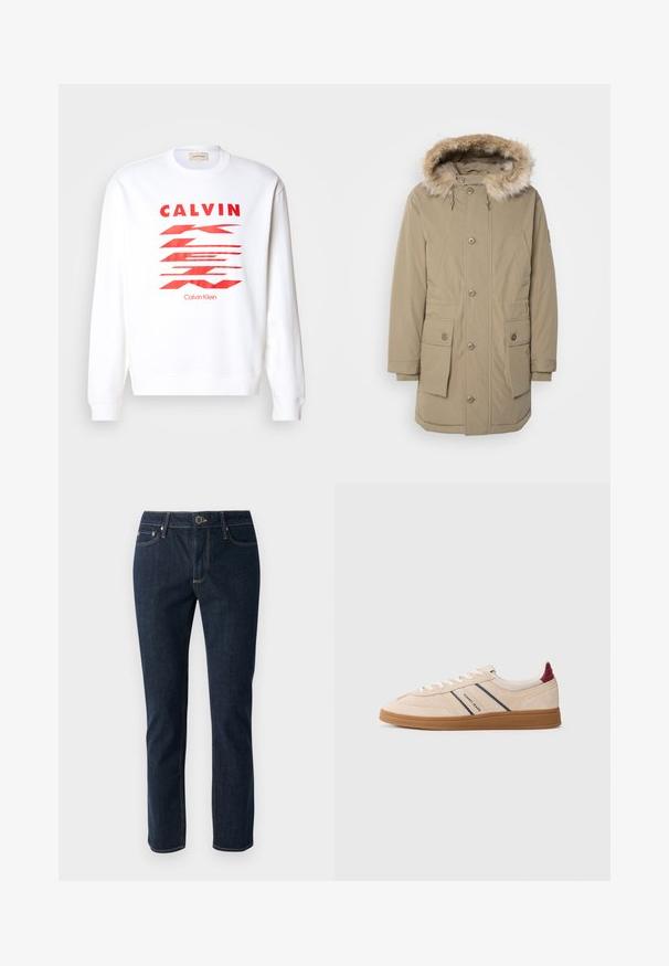 Beige parka jacket met een met nepbont afgewerkte capuchon, vooraan met rits en knoopsluiting, twee grote voorzakken en elastische manchetten. Zacht, textuurstof.; Witte sweatshirt met rode grafische tekst "CALVIN" en abstracte vormen. Ribgebreide boorden en zoom, casual ontwerp, zachte stof.; Donkerblauwe spijkerbroek met een recht model, voorzien van een knoopsluiting, vijf zakken en contrasterende stiksels. Gladde textuur.; Sneakers in romig beige suède met marineblauwe strepen, witte veters en een bruine rubberen zool. Logo weergegeven op de zijkant en het hiel.