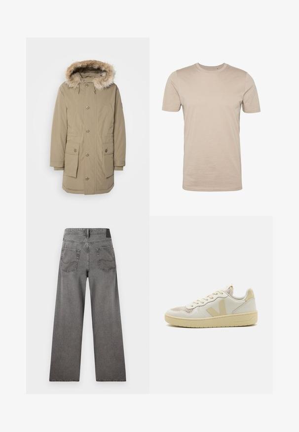 Beige parka jacket met een met nepbont afgewerkte capuchon, vooraan met rits en knoopsluiting, twee grote voorzakken en elastische manchetten. Zacht, textuurstof.; Beige katoenen t-shirt, korte mouwen, ronde hals, gladde textuur, naadloos ontwerp, lichtgewicht stof, geen zichtbare logo's of patronen.; Grijze wijdvallende spijkerbroek met twee achterzakken en een tailleband met ceintuurlussen, plat van achteren weergegeven.; Beige sneakers met een textuur op de mesh neus, een bovenwerk van glad leer en contrasterende logo-accenten. Platte rubberen zool met een strak ontwerp.